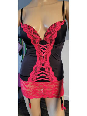 Black & Red Lace Bustier Lingerie Set 34DD Corset Style Lace-Up Back